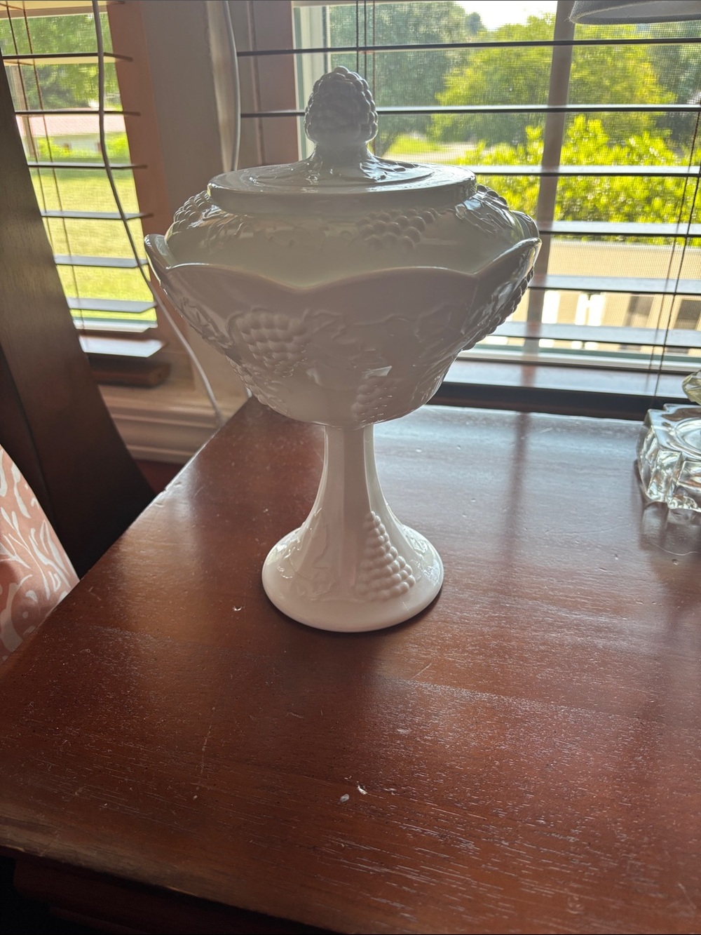 White Covered Pedestal Compote Vase with Grape Motif milk glass vintage